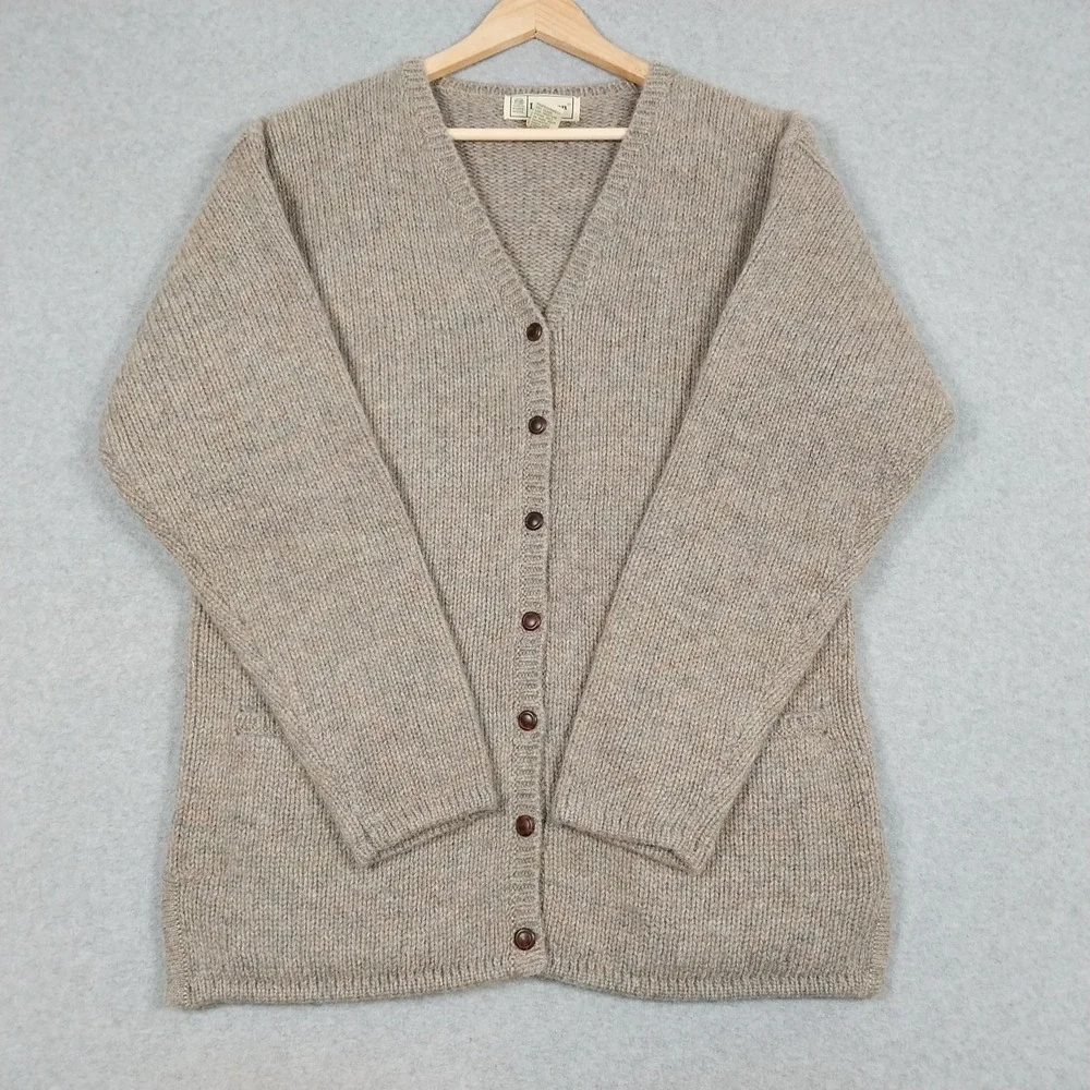 Vintage LL Bean Cardigan Womens Medium Biege Tan 100% Pure New Wool Cozy 90s